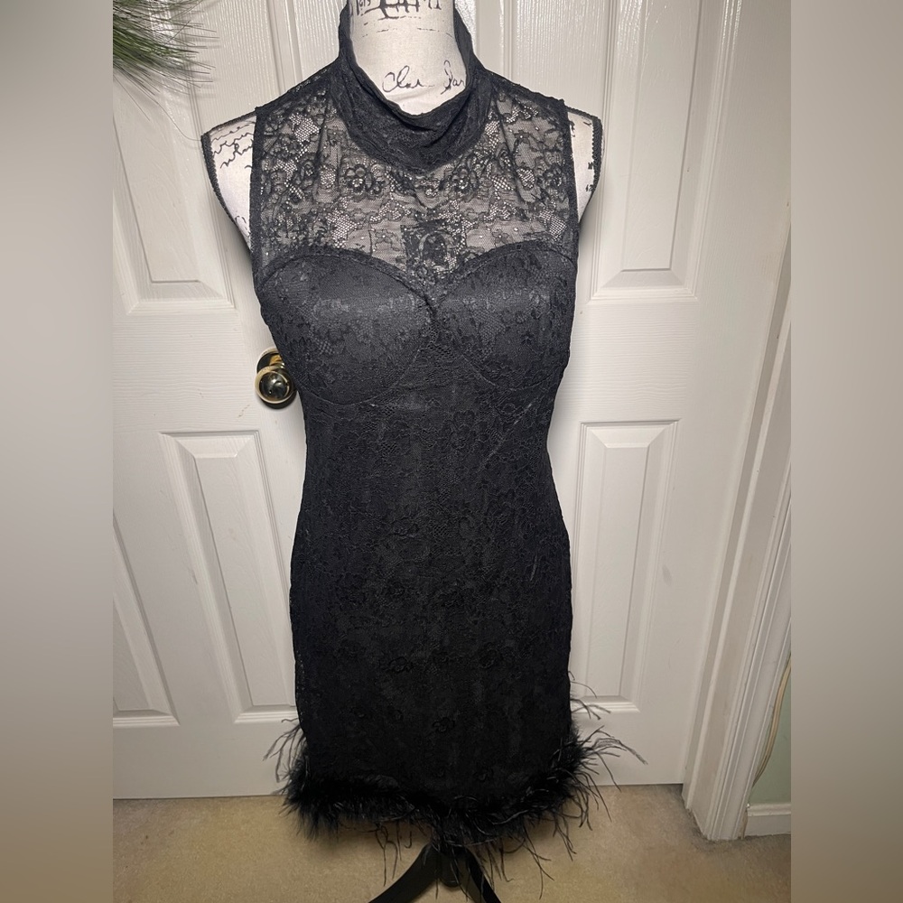 Worn once mock neck AKIRA lace and feather dress size XL
